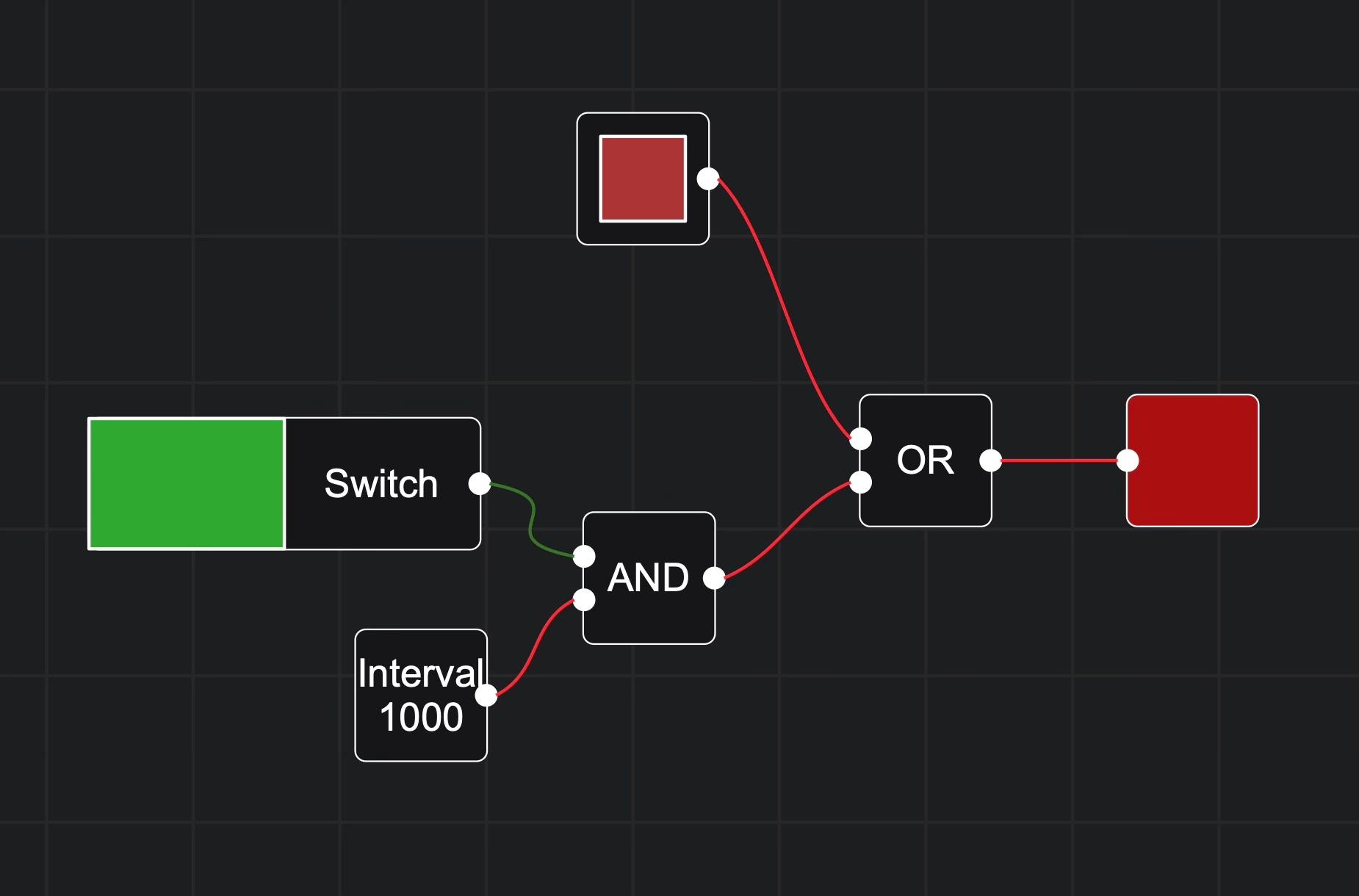 Screenshot of the Logic Nodes simulator showing a simple circuit with various logic nodes