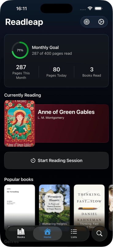 Readleap home screen with monthly goal, currently reading, and a popular books shelf