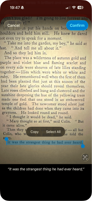 Capturing a quote from a physical book using the camera and on-device text recognition