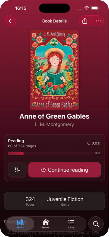 Book detail view for Anne of Green Gables, with progress bar and Continue Reading button